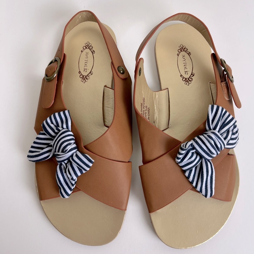 Joyfolie | Striped Bow Criss Cross Sandal Brown With Navy White Bow | Girls 3